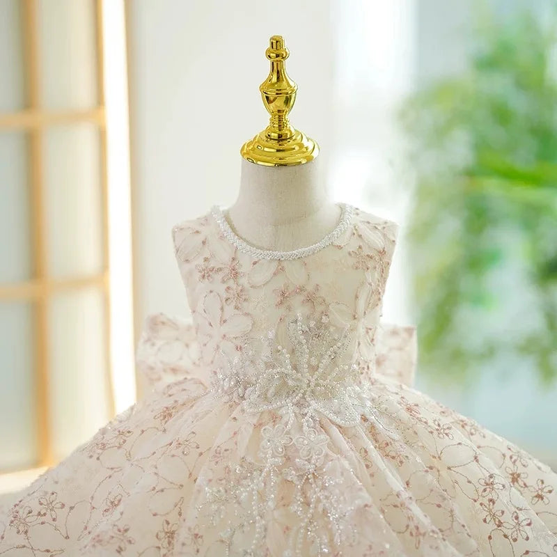Dreamy Vow J418 Delicate Beige Girl Dress Sleeveless Tulle Floral Embroidery Bow Detail for Kids Holiday Party Short Ball Gown