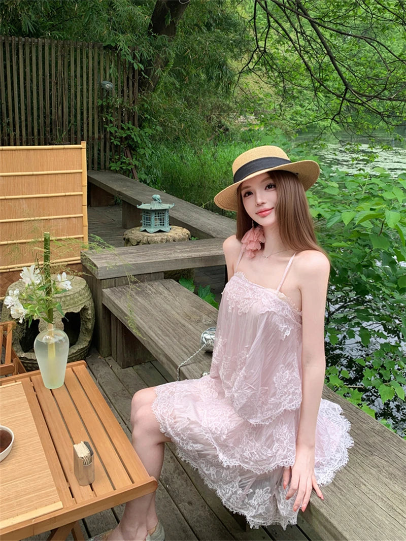 Sexy Splice Lace Heavyweight Strapless Vest Dress Loose Waist Spring Summer Autumn Sleeveless Backless City Commute Daily A-L...