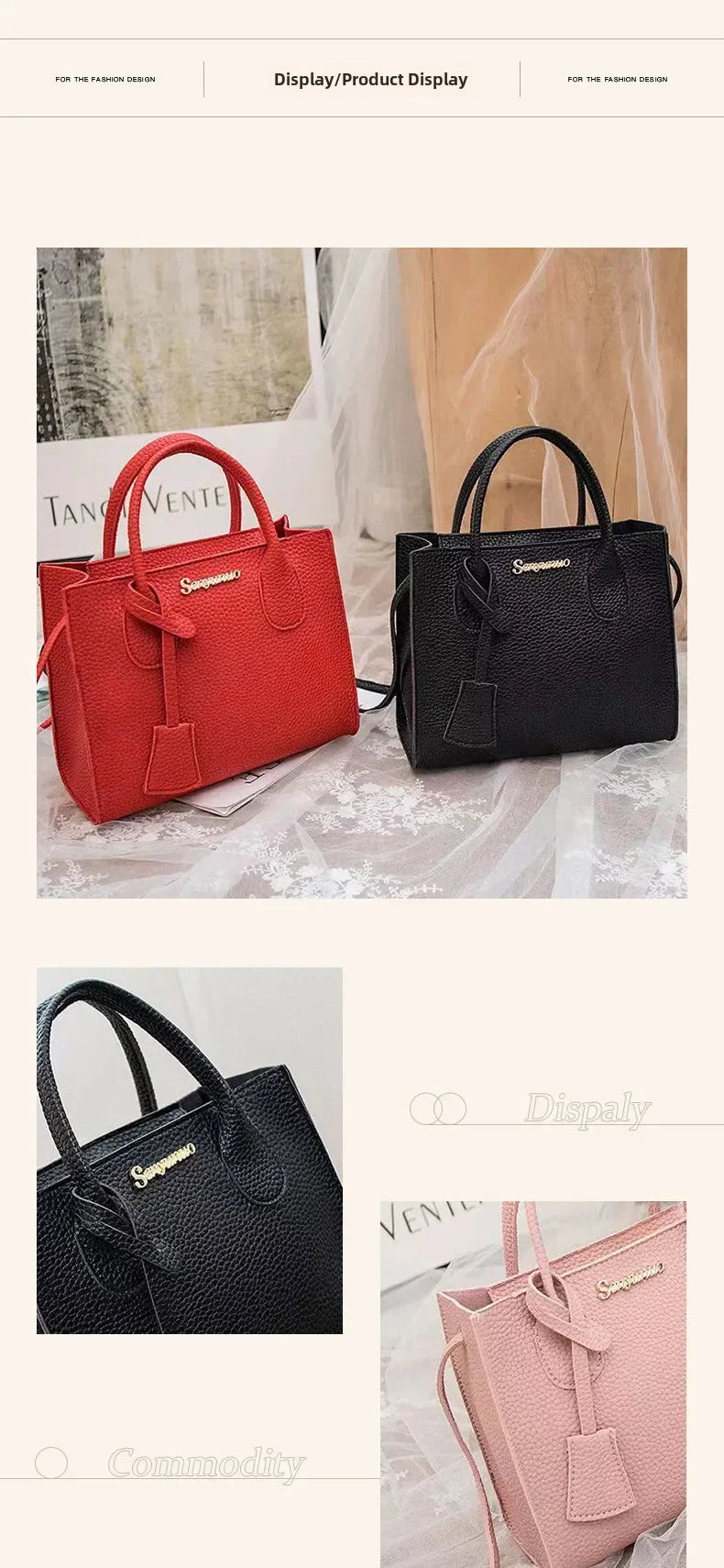 Single-shoulder Crossbody Handheld Triple-use Satchel Portable Leisure Bag Solid Color Lychee Grain Ladies Handbags ﻿