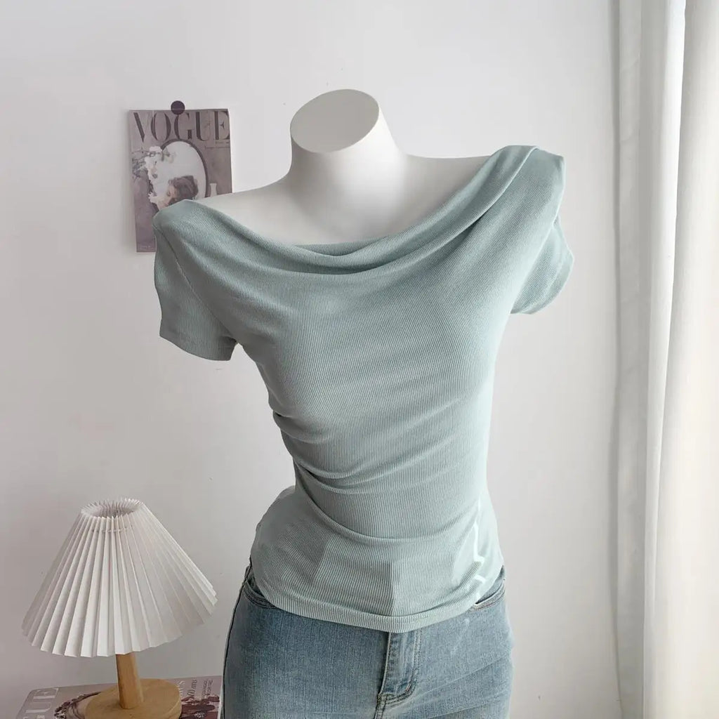 Summer Short Sleeve T-Shirt Shoulder Bared Open Neck Irregular Pleated Korean Style Slim Fit Pure Color Modal Fabric Ladies Top