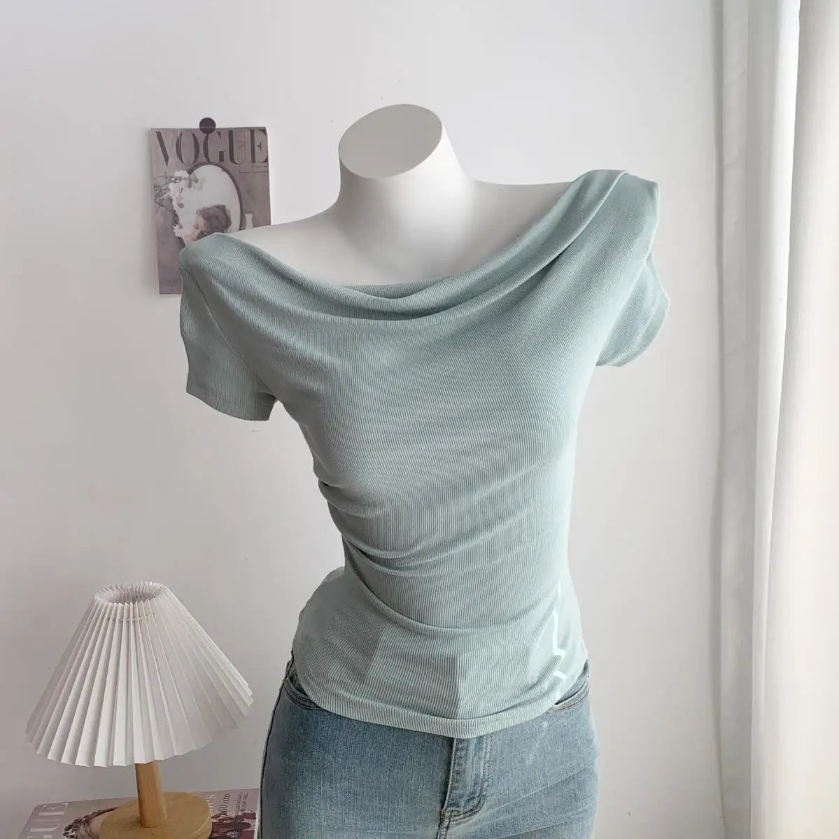 Summer Short Sleeve T-Shirt Shoulder Bared Open Neck Irregular Pleated Korean Style Slim Fit Pure Color Modal Fabric Ladies Top