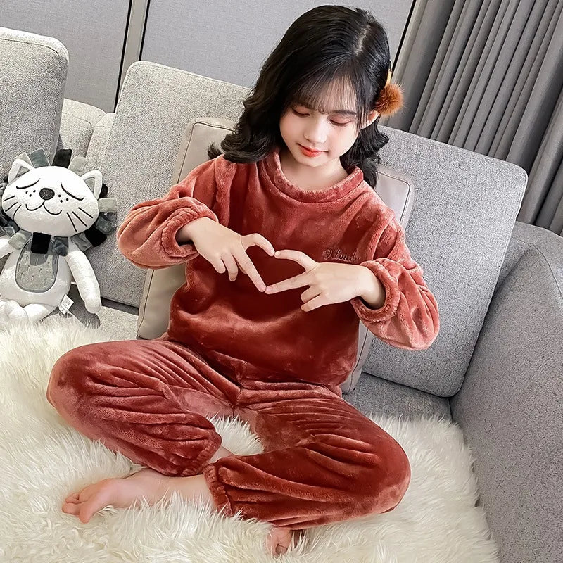 2pcs Boy Girl Kids Fall Winter Sleepwear Toddler Children Baby Coral Fleece Warm Sweatshirt Pant Set Flannel Pajama Pullover Top