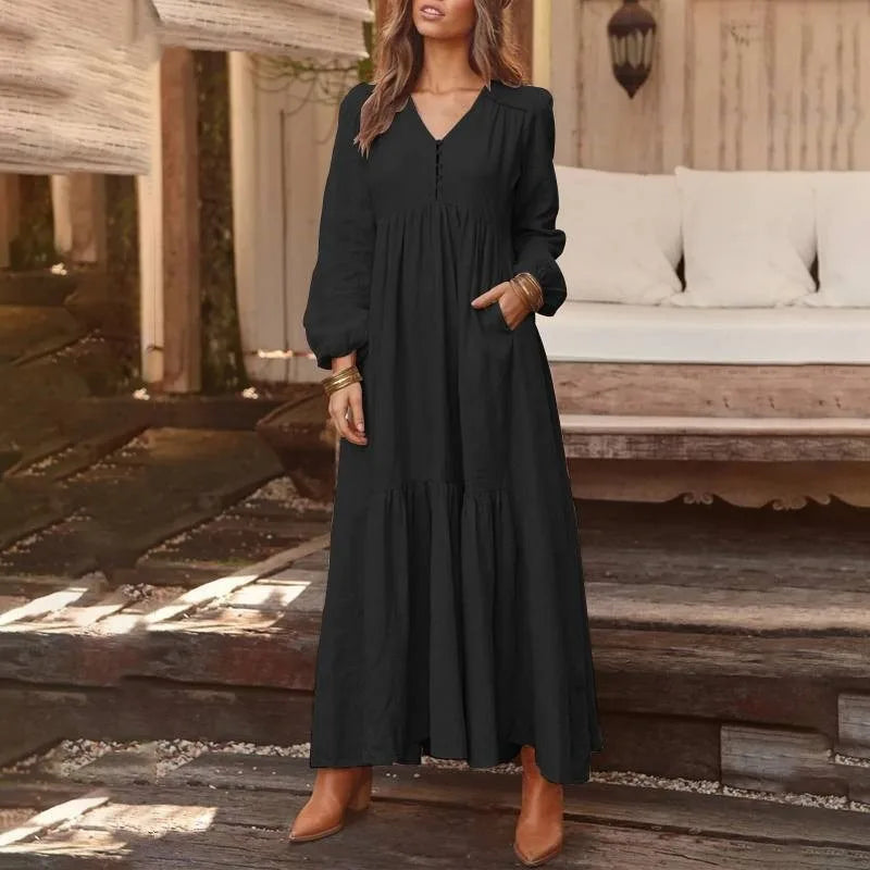 Loose Long Sleeve Cotton Linen Dress Retro Button Spring Autumn Vacation Women Skirt