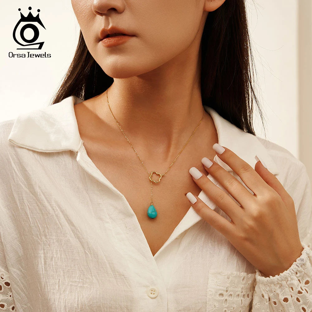 ORSA JEWELS Bohemia Turquoise Stone Pendant Necklace 925 Silver for Women Clavicle Chain Delicate Wedding Party Jewelry GMN47