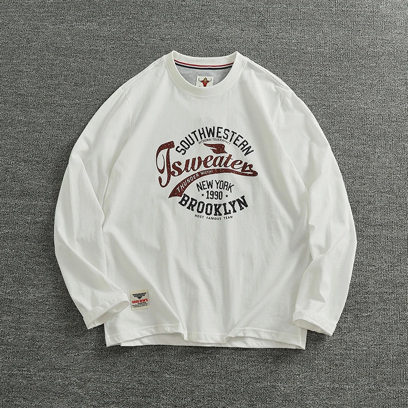 Autumn New American Retro Long-Sleeved O-Neck Letter Printed T-Shirt Men'S Fashion 100% Cotton Washed Casual Sport Tops