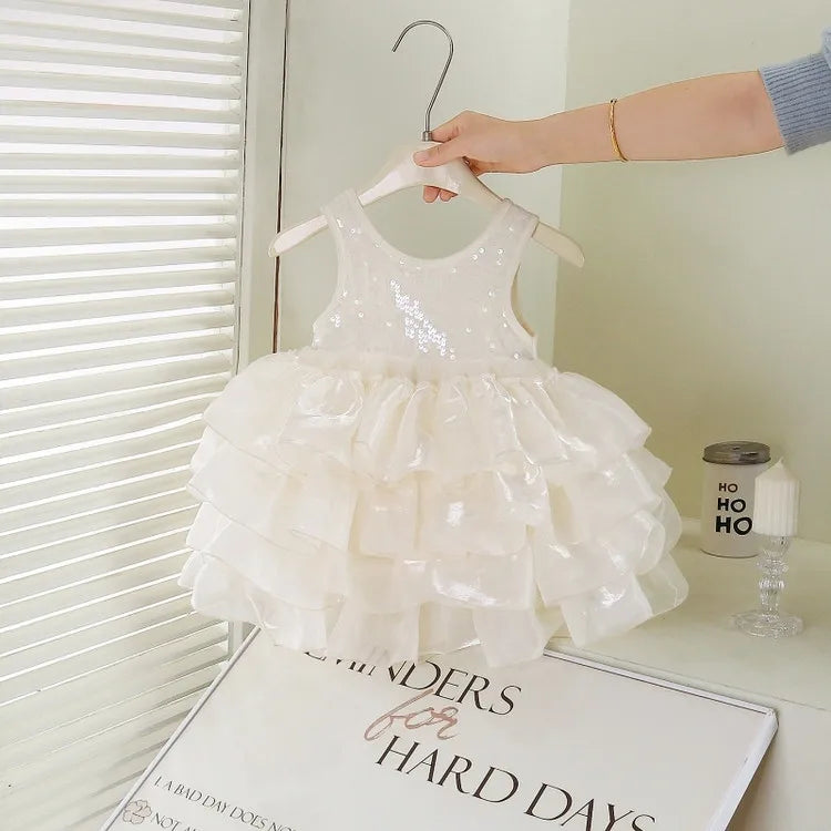 Girls Dress Temperament Princess Dress Sleeveless 2026 Summer New Girls Sequin Sweet Bow Puff Mesh Dress