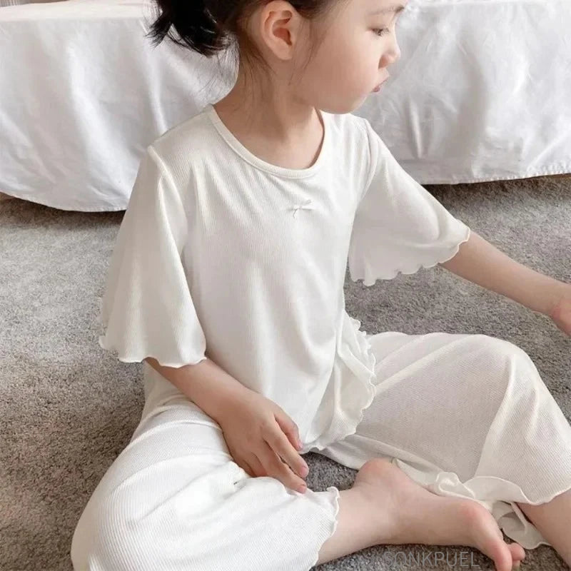 Sonkpuel Girls' 2-Piece Ice Silk Pajama Set - Short Sleeve Casual