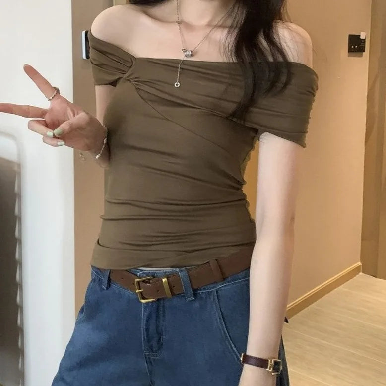 Fashionable Versatile French Style Slim Fit Shoulder Baring Shirt Women's Summer Simple New Beautiful Sleeveless Top
