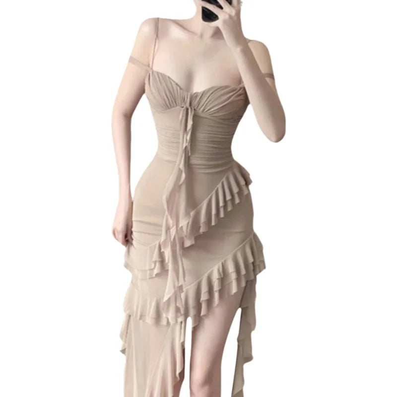 Fashionable Strapless Slim Fit Long Dress Sexy Trendy Girl High Waist Irregular Design Knitted Pure Color Spring New Arrival