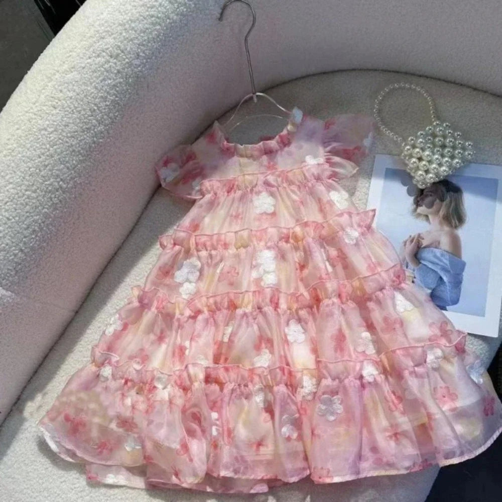 Summer New Pink 3-7 Year Old Girl Casual Clothes Round Neck Lace Floral Puff Cake Princess Sleeveless Dress Sweet Birthday