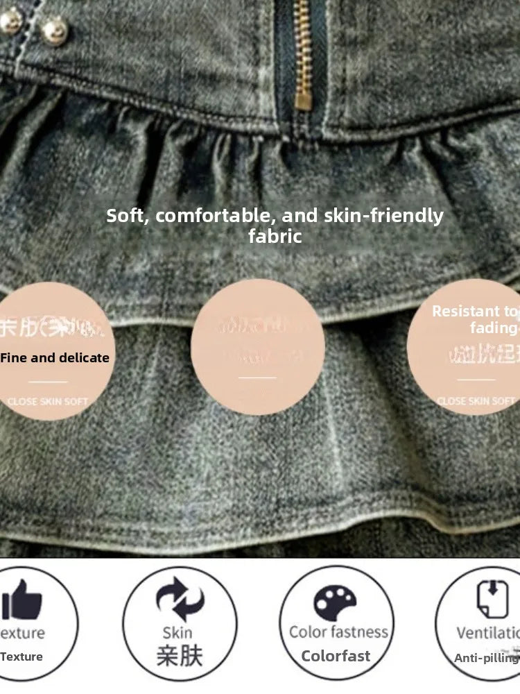 American Style Spicy Girl Design Elastic Denim Cake Short Skirt Women's Summer Pure Desire High Waist Slimming Pleated  S...