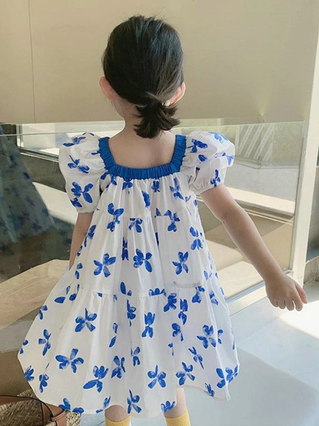 Girls Summer Blue Butterfly Print Dress – Square Neck Puff Sleeve Princess Dress, Korean Style Kids Fashion