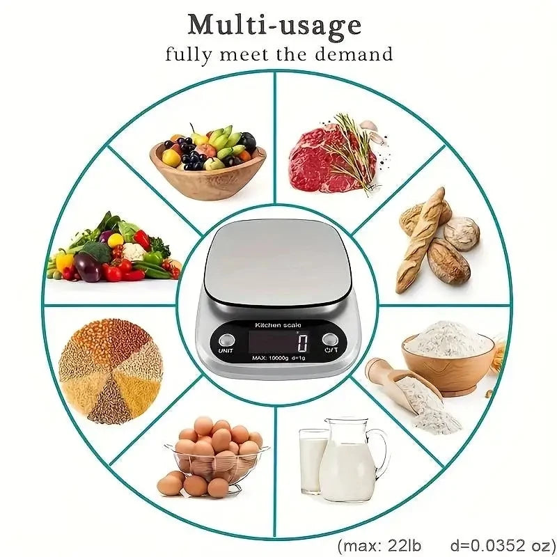 Báscula de cocina de 10 kg, báscula de cocina digital con función de tara, báscula electrónica para joyas y alimentos, pantalla LCD de acero inoxidable