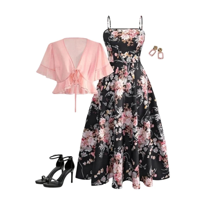 Plus Size Short Sleeve Tie Front Cardigan + Spaghetti Strap Midi Dress Matching Outfit Set For Women Floral Print A Line Dress Elegant Party Dating Commute Daily Fashion Outfit