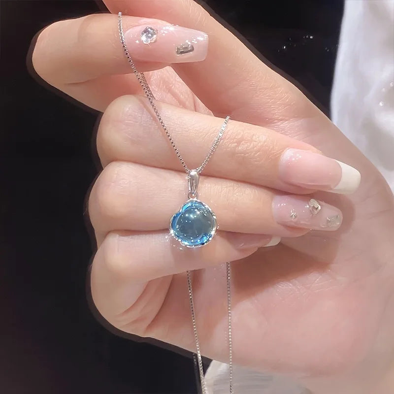 Elegant Chalcedony Round Pendant Necklace for Women Fashion Box Chain Necklace Short Clavicle Chain Female Jewelry Gift
