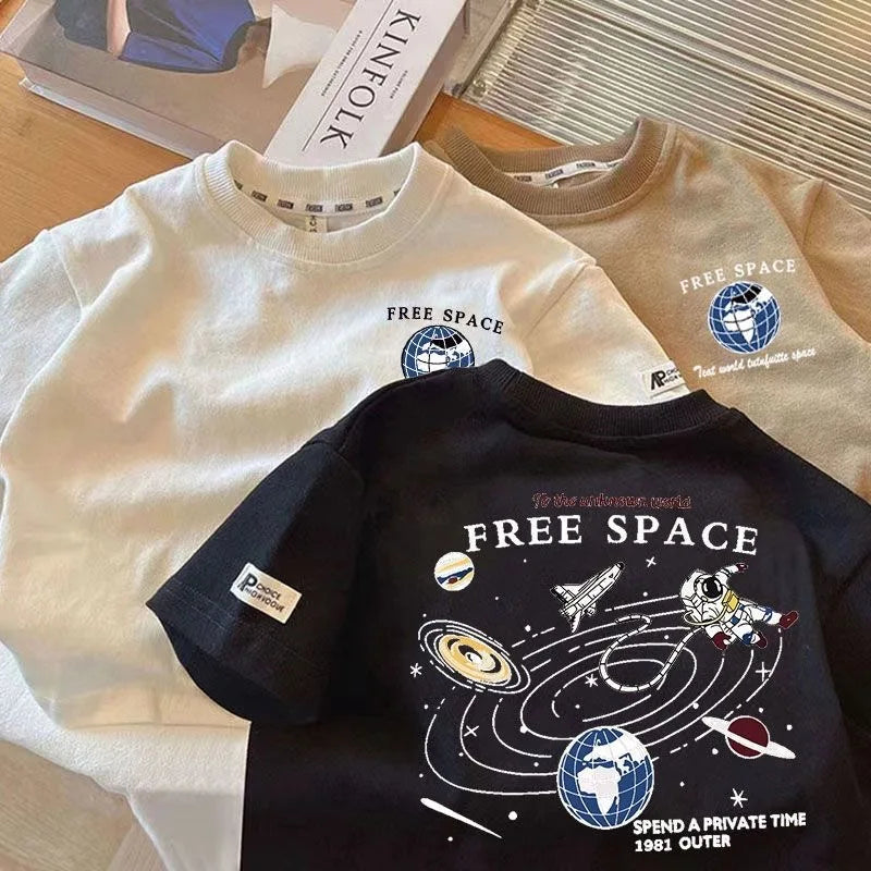 Kids Space Pattern T-Shirt Short Sleeve Crewneck Cotton Blend