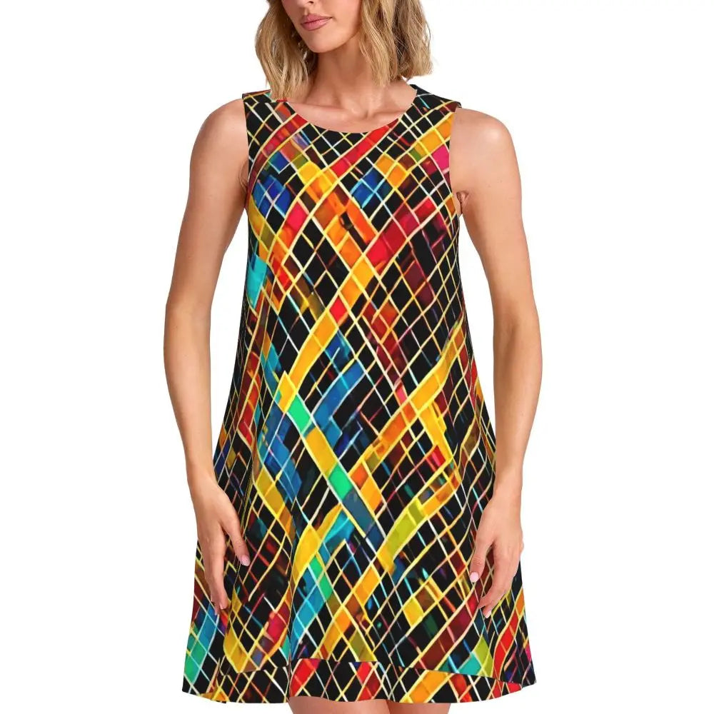 80s Color Block Print Dress Modern Dresses Female Sleeveless Street Fashion Tank Dress Day Print Oversized Vestidos