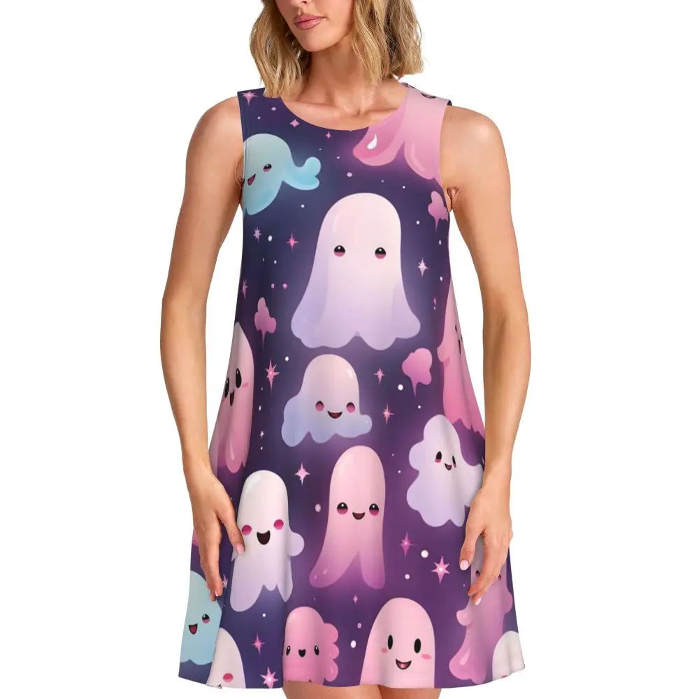 Shiny Graffiti Casual Dress Colorful Print Sleeveless Boho Dresses Women O Neck Street Fashion Dress Day Print Vestidos Present