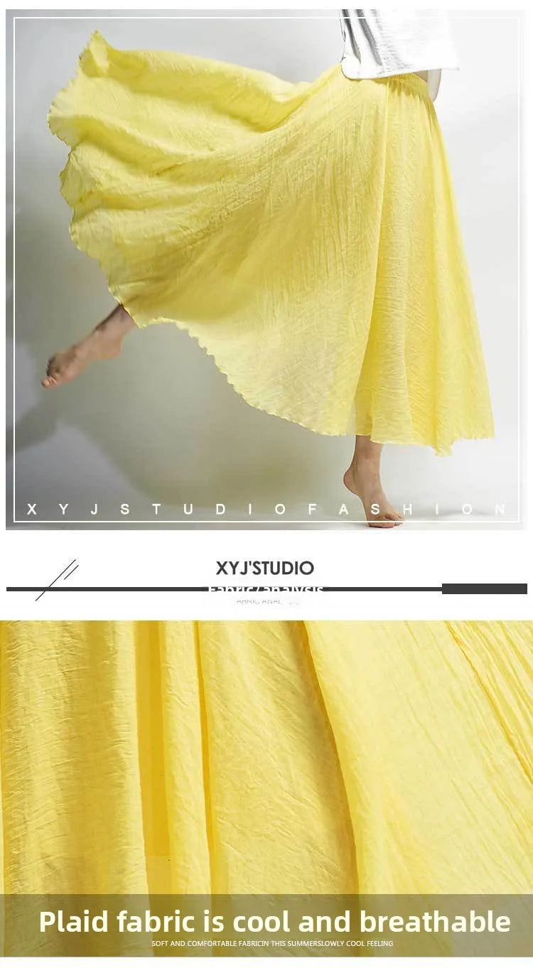 New In 2026 Spring Summer Woman Cotton Linen Midi Skirt Solid Color Loose Flared Pleated A-line Skirt Female Sweet Elegant Skirt