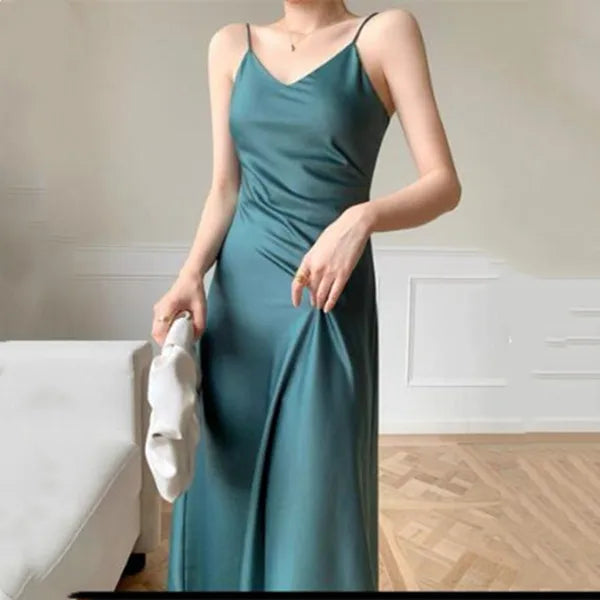 Asyabuykal Women's Satin A-Line Party Dress - V-Neck Spaghetti Strap