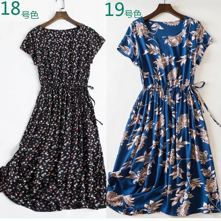 Cotton Silk Dress Women's Short Sleeved 2026 Summer New Ladies Slim Round Neck Temperament Beach Print Dresses
