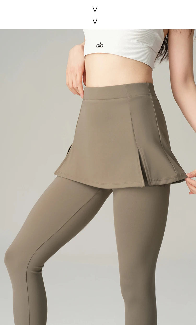 BIVIGAOS Fake Two-Piece Split Skirts Leggings Women Tennis Skirt Built-In Pockets Tight Sports Fitness Yoga Sharkskin Leggings