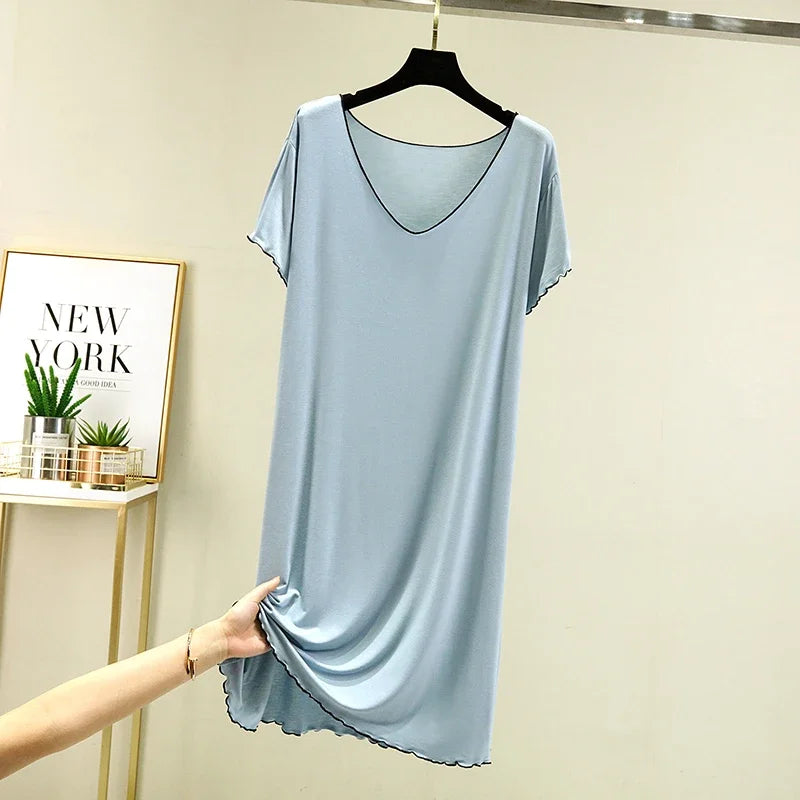 Loose Casual Modal Short Sleeve Dress V-Neck Base Skirt Thin Summer Floral Edge Sleep Dress Versatile Summer Dress