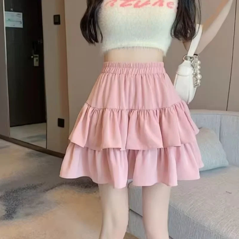 Korean Chic Y2K Sweet Girl's White Princess Mini Skirt Ballet-style Tiered Skirt Elastic High Waist Cake Skirt Shorts All-match