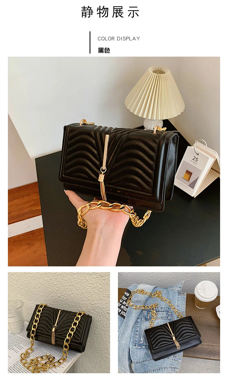 Brand Designer PU Striped Women's Shoulder Bag Fashion Tassel Chain Crossbody Bag Small flap Handbag  2023 Trend