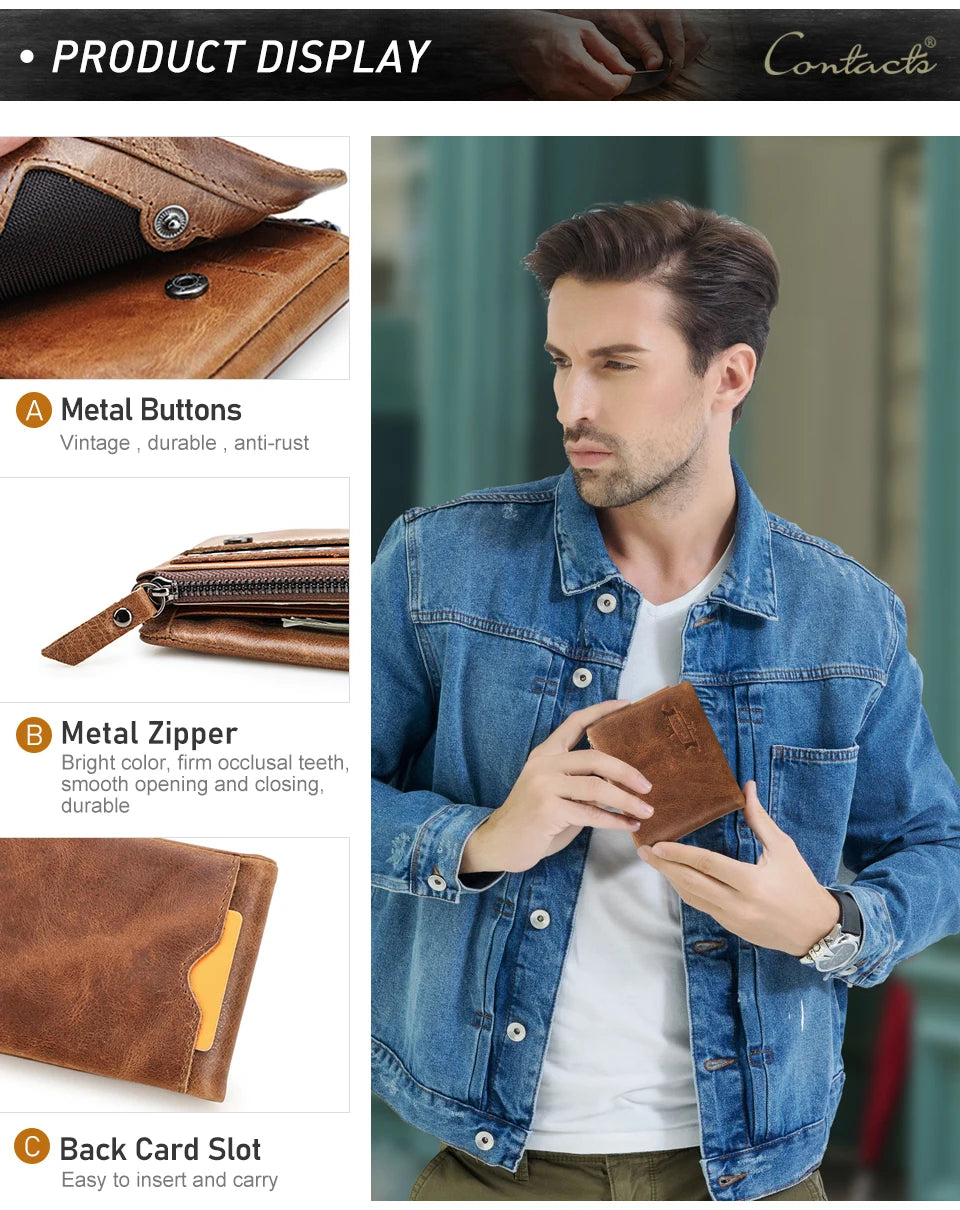 Contact’S Men’s Trifold Wallet - Genuine Crazy Horse Cowhide Leather