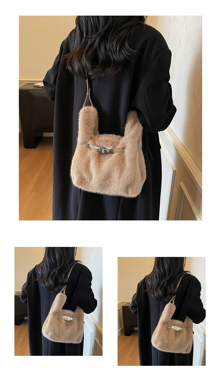 Fashionable Women's Bags Trend 2025 Faux Fur Shoulder Bags Plush Faux Mink Luxury Handbags Chic Crossbody Bag Solid Color Purses