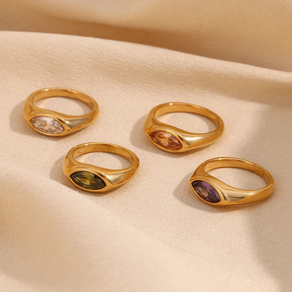 E.B.Belle Horse Eye Zircon Seal Ring 316L Stainless Steel Hypoallergenic 18K Gold Plated For Women