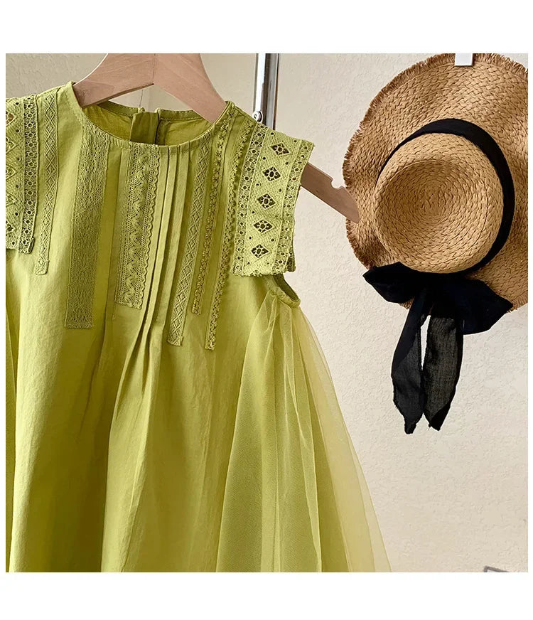 New Summer Princess Girls Dress Sleeveless Lace Mesh Dress For 2-8 Years Old Kids Children Birthday Present Clothes