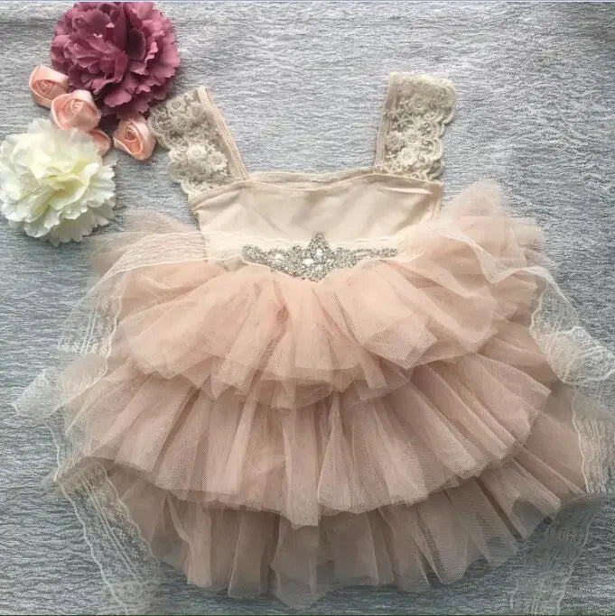 Flower Girl Lace Tulle Dress Elegant Princess Weddings Birthday Party Costumes for 3m To 7y Girls Baptism Festival Ball Gown
