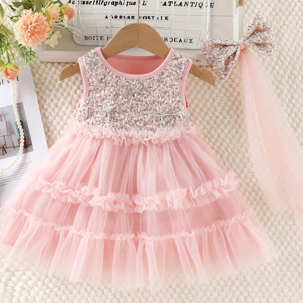 2026 New Summer 1-5Y Childrens Dress Sequin Tulle Sleeveless Girls Dress with Bow Decorations and Matching Sequin Veil