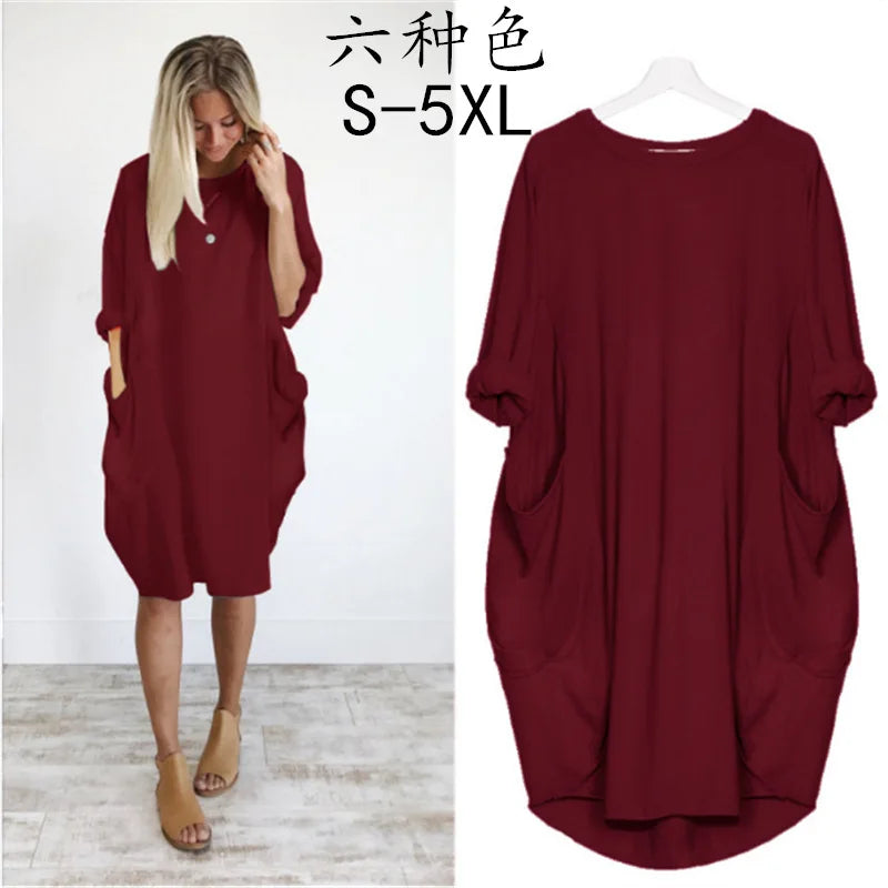 Women's Dress Oversize O-neck Loose Red Version Casual Street Pocket Fashion Black Solid Color Beach Vacation Skirt