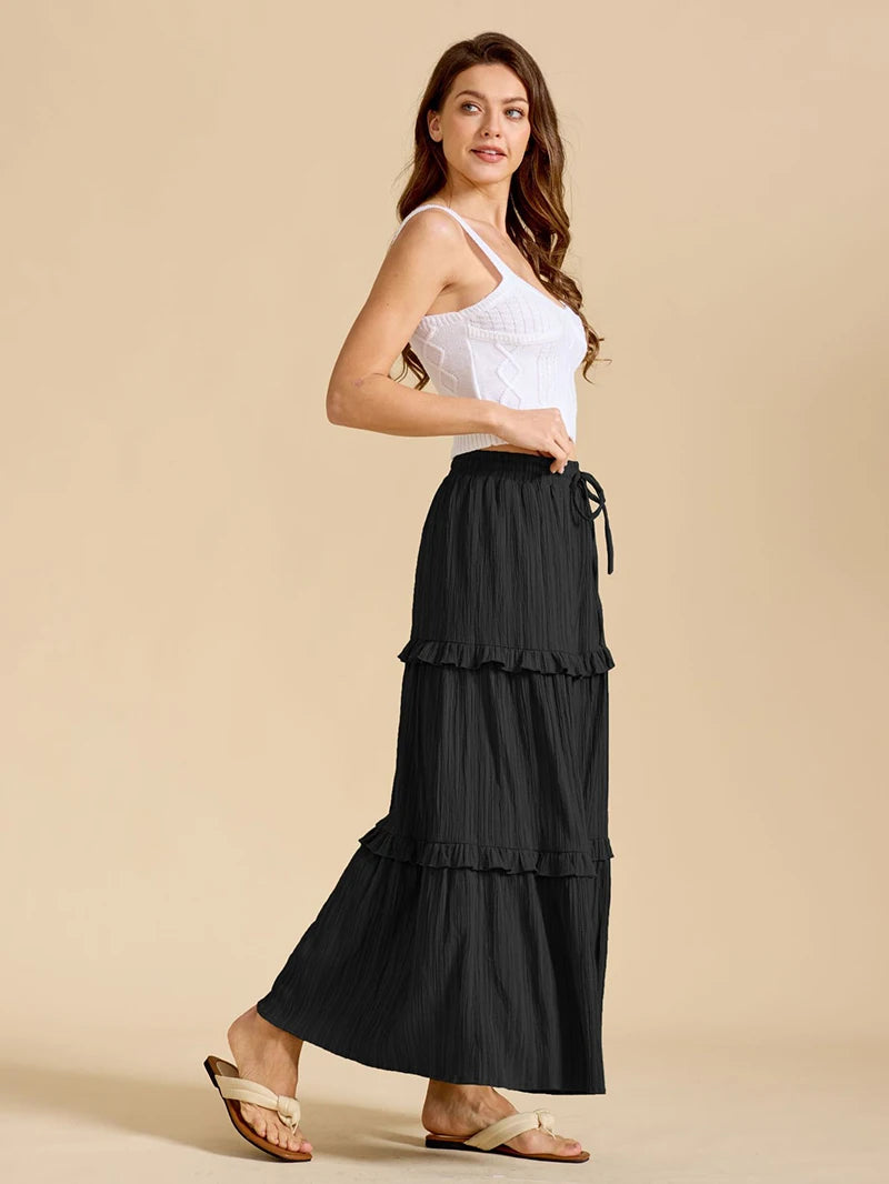 Beiyingni 2025 New In Women's Skirt Pure Color Leisure Fashionable Lace-up A-line Long Maxi Skirts Female Simple Slim Faldas