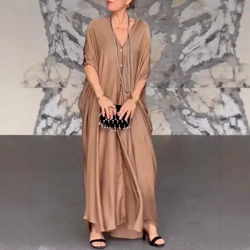 Women Maxi Dress V-Neck Buttoned Placket Batwing Sleeves Maxi Dress Solid Color Loose Cut Satin Casual Wide Style Dress