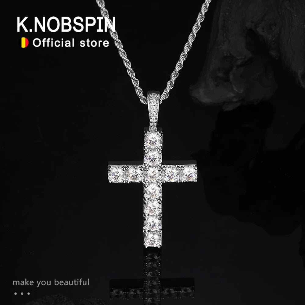 Knobspin 5.5Ct Moissanite Cross Necklace Solid S925 Sterling Silver 1.6Mm Rope Chain Necklaces For Women'S Man Christian Jewelry