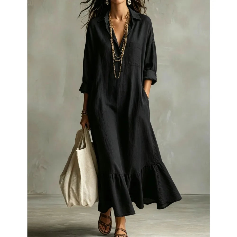 Spring Autumn New Fashion Button Lapel Long Sleeve Shirt Women's Loose Dress Casual Simple Retro Ruffled Swing Dress Female2026