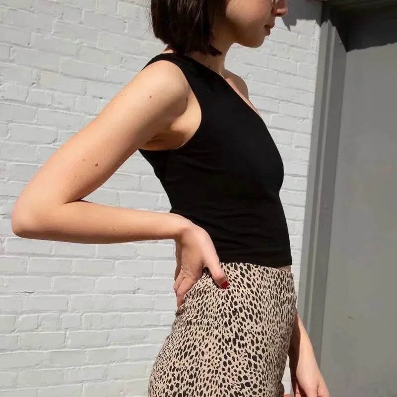 One Shoulder Cropped Tanks Top Women Summer Sleeveless Tanks Camis Sexy Oblique Collar Elastic Corset Slim Crop Tops Tube Lady