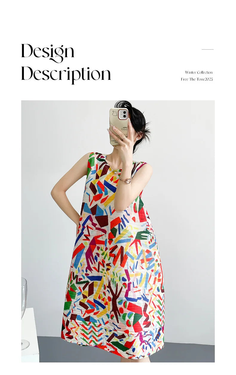 2026 Summer Retro Print Design Flared Dress Women Loose Fit Plus Size Fashion Elegant Sleeveless Dress Travel Vacation Wear