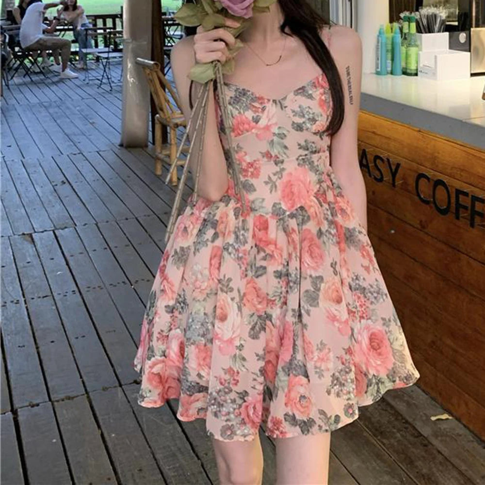Women's Floral Print A-line Dress with Adjustable Straps and High Waist Design for Spring Summer Autumn Winter Wear
