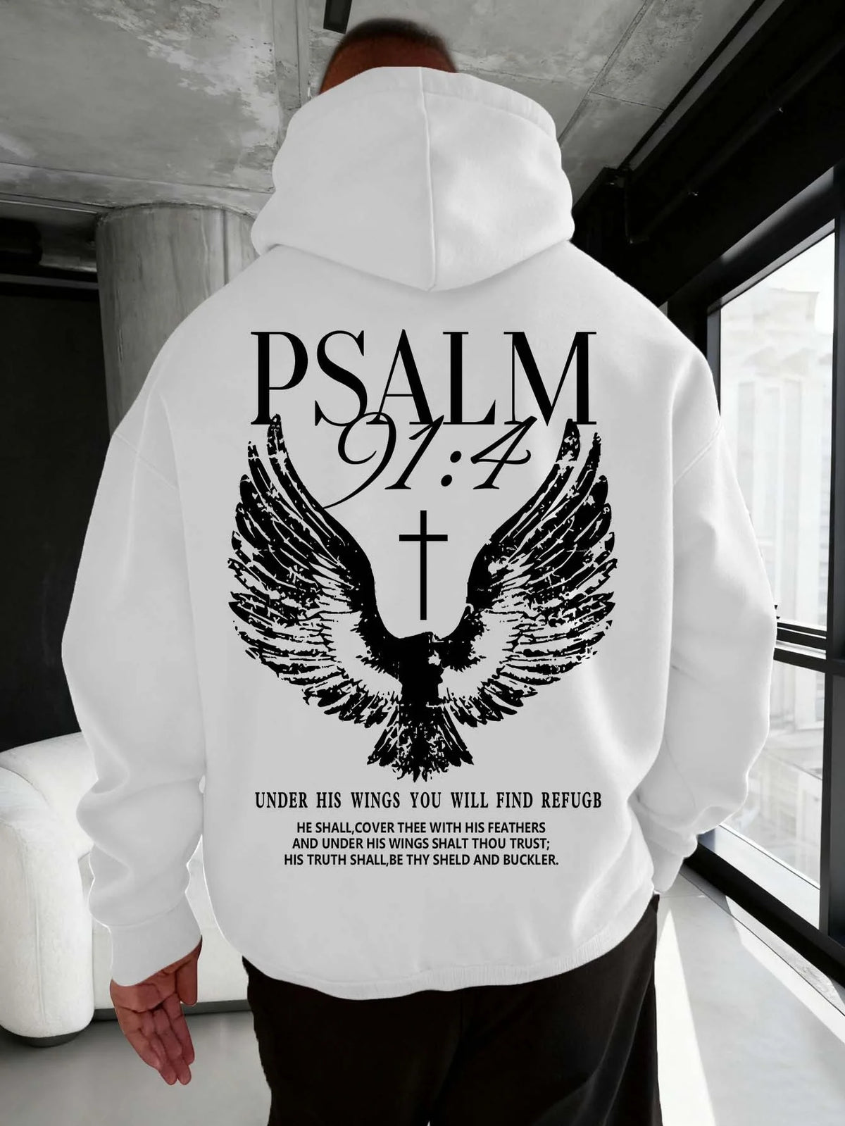 Psalm 91:4 Bible Verse Print Hooded Sweatshirt - Men's Casual Sport
