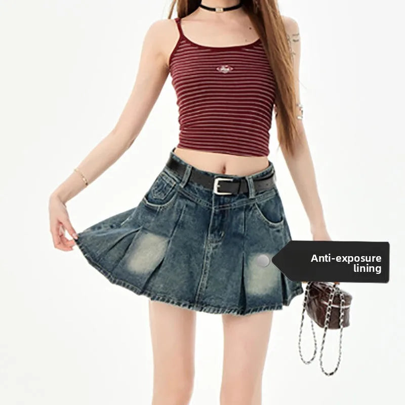 Trendy High Waist Pleated  Denim Skirt Women's Spring Summer New Lazy Style A-Line Half-length Jeans Skirts