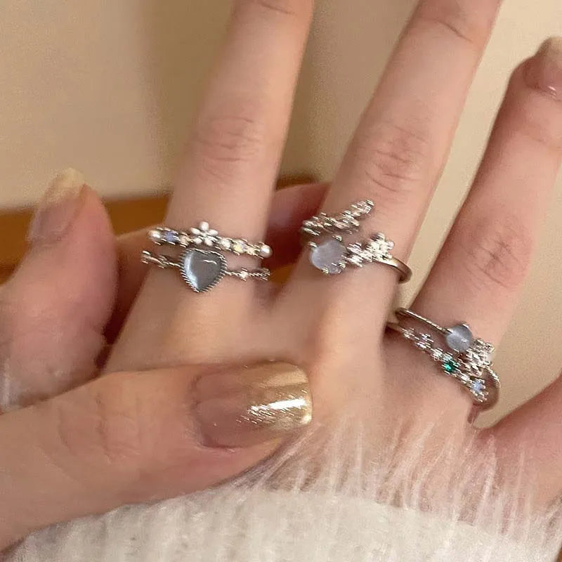 Fashion Blue Opal Heart Rings for Women Kpop Punk Gothic Open Flower Rhinestone Finger Rings Wedding Party Trendy  Jewelry