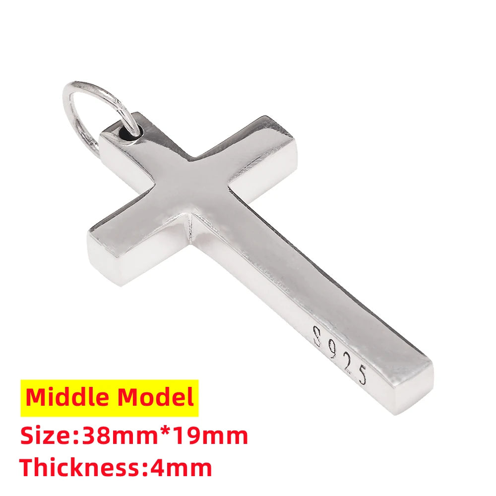 Real Solid 925 Silver Cross Pendant For Men Women'S Minimalist High Polished Fashion Classic Jesus Christian Prayer Jewelry