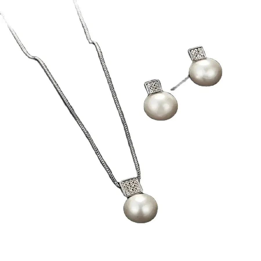 2 Pcs Imitation Pearl Pendant Women'S Necklace Earring Stud Set Silver Color Snake Chain Square Metal Full Crystal Jewelry Set