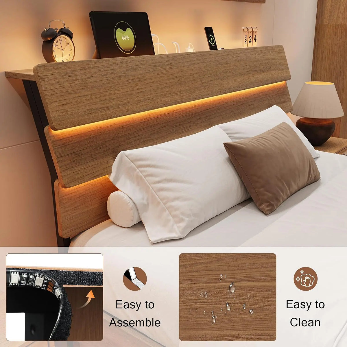 Floating Bed Frame Full with Led Lights and Charging Station, Full Size Platform Bed Frame w/Storage Headboard, Heavy Slats