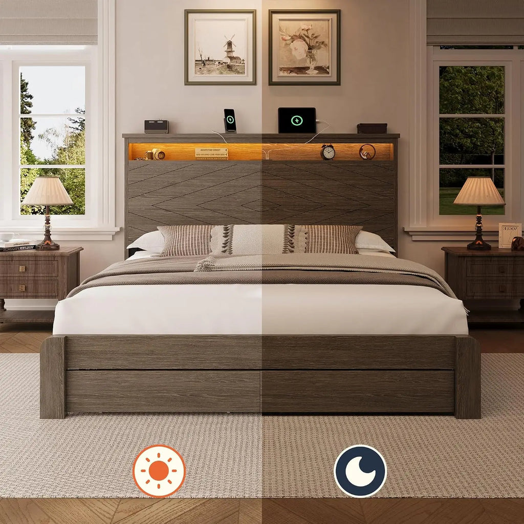 Queen Wooden Platform Bed with Headboard, 2 Drawers, LED Light, USB Charging, Easy Assembly, No Box Spring, Customized